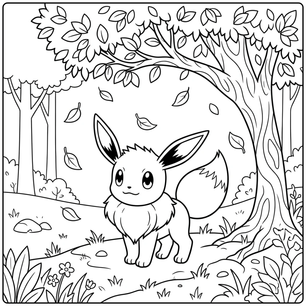 Schattige eevee kleurplaat onder een boom met zacht vallende bladeren