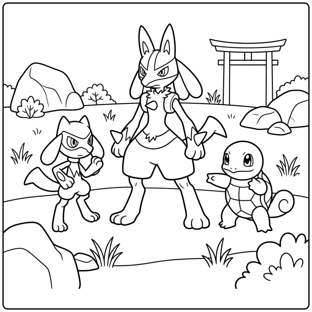 Lucario kleurplaat: Lucario met Squirtle en Riolu in training.
