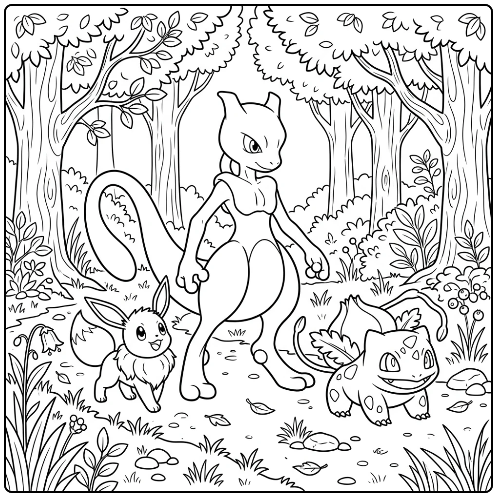 Een rustgevende mewtwo kleurplaat met Eevee en Bulbasaur.