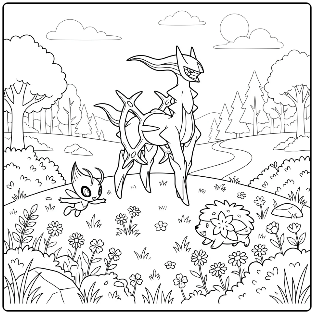 pokemon kleurplaat arceus: Arceus, Celebi en Shaymin in vredige natuur