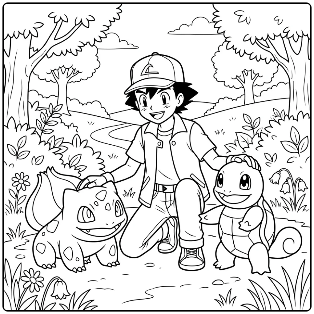 Ash begroet Bulbasaur en Squirtle, een vrolijke kleurplaat pokemon ash.
