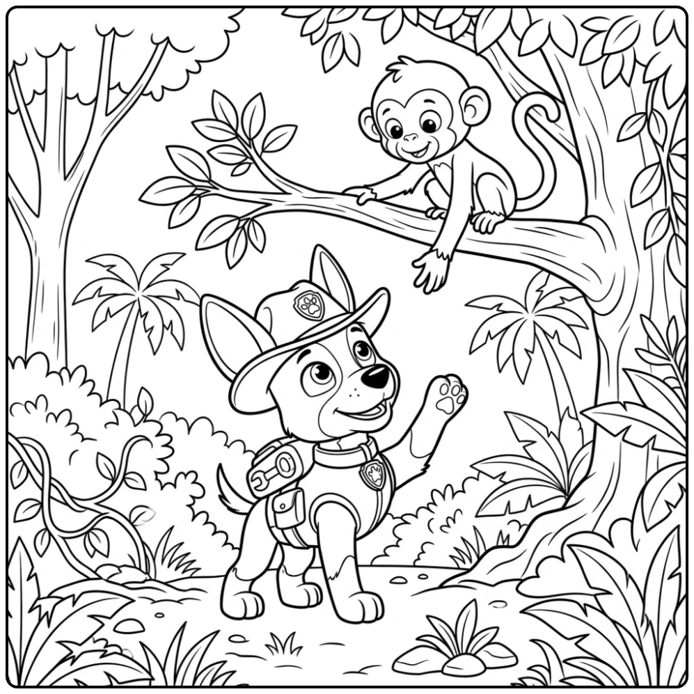 Tracker helpt een jungledier; kleurplaat paw patrol tracker.