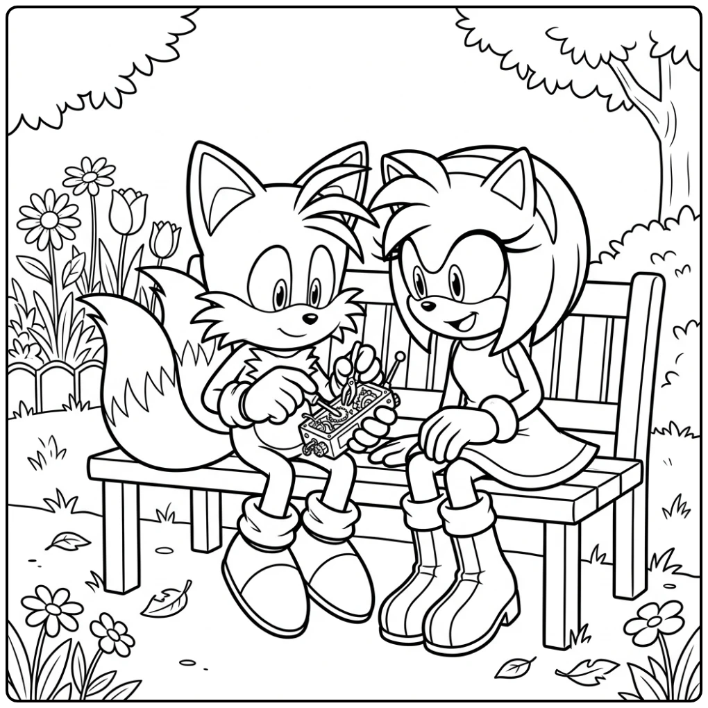 Tails kleurplaat: Tails en Amy Rose repareren gadget op bankje.
