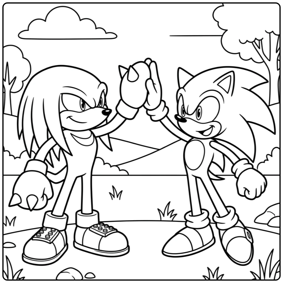 Knuckles kleurplaat: Sonic en Knuckles geven elkaar een high-five