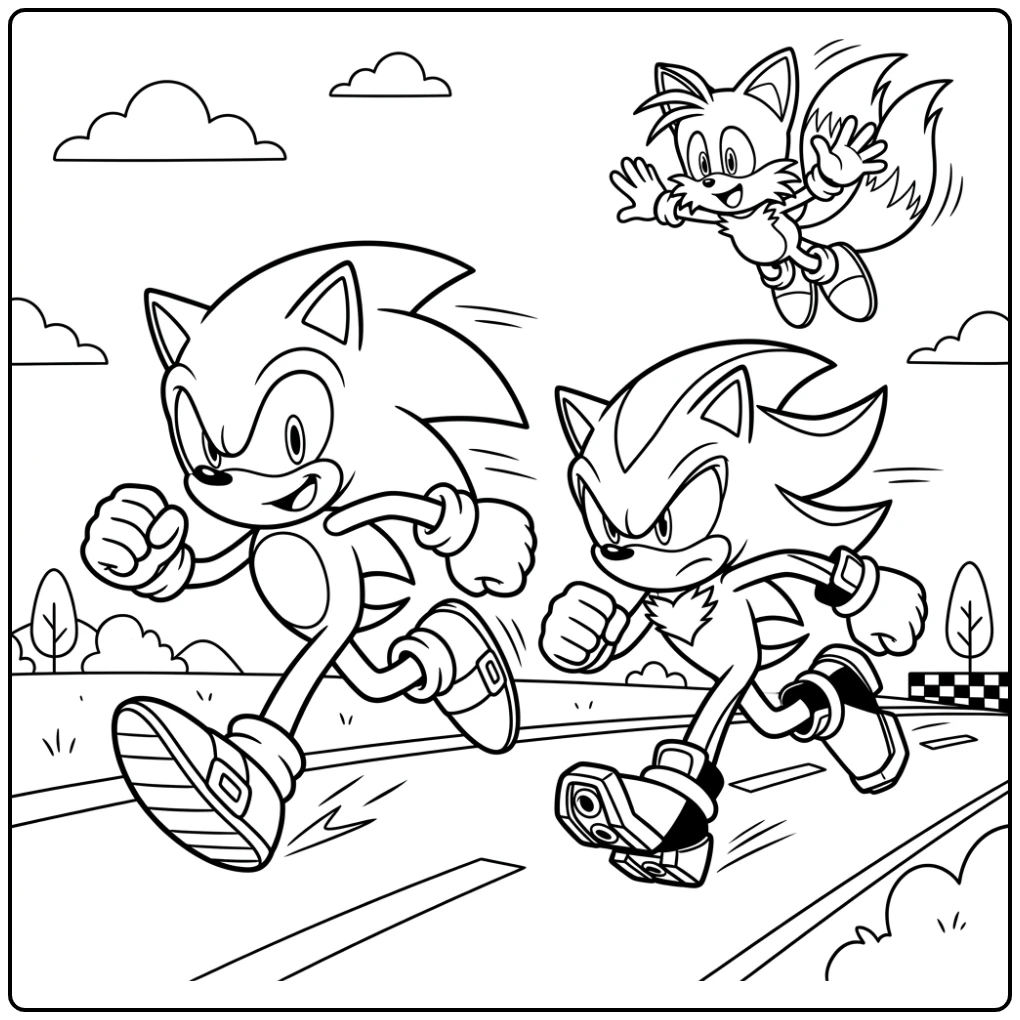 Sonic kleurplaat: Sonic en Shadow racen, Tails moedigt ze aan