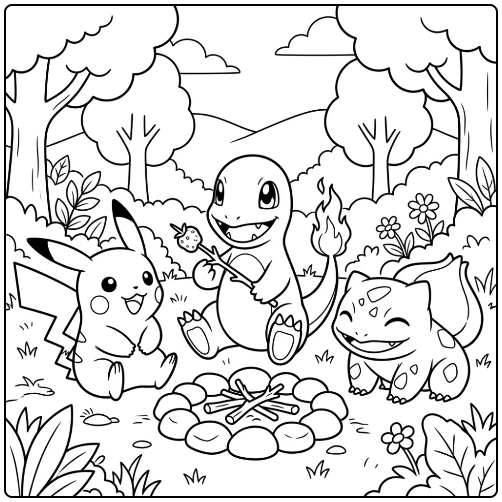 Charmander braadt bes: kleurplaat pokemon schattig vriendenmoment