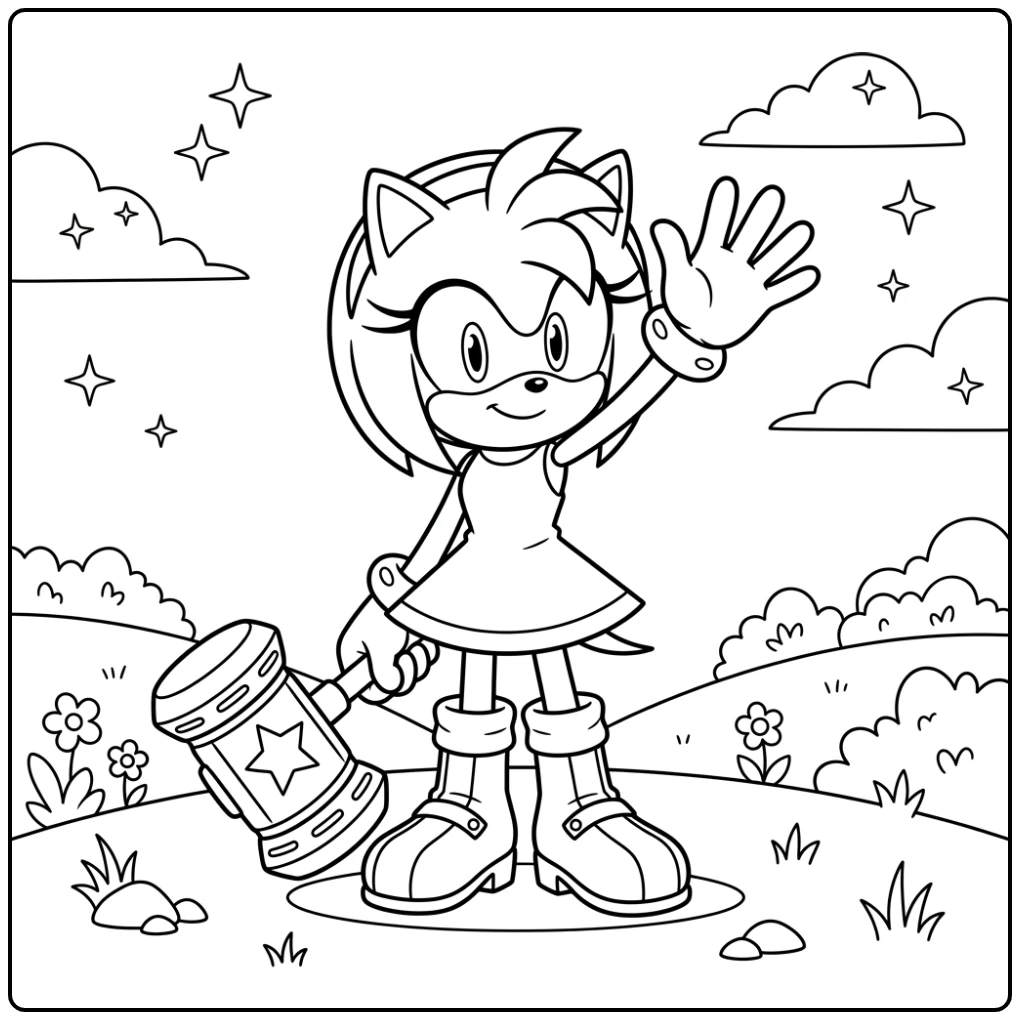 Amy Rose zwaaiend met hamer, een amy sonic kleurplaat om in te kleuren.
