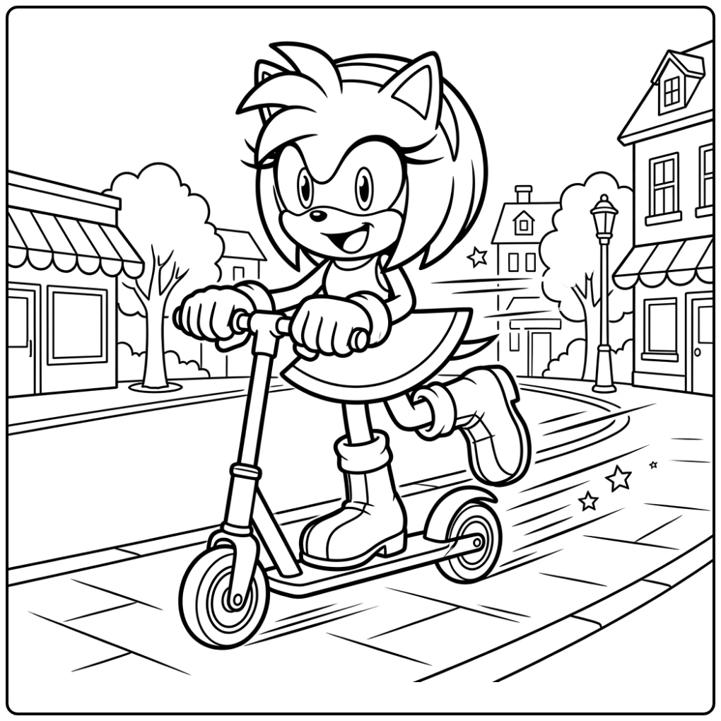 Amy Rose lachend op scooter, een leuke amy sonic kleurplaat.