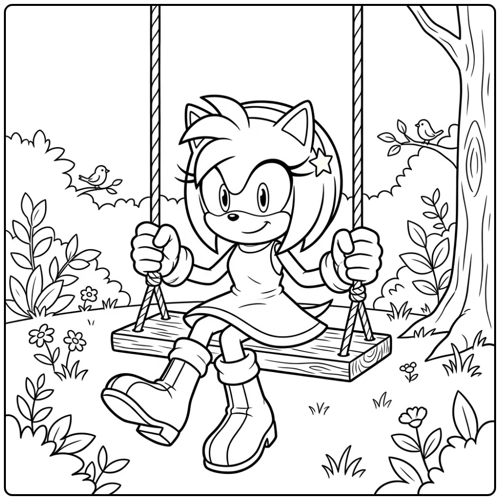 Amy Rose zit ontspannen op een schommel, een perfecte amy sonic kleurplaat.