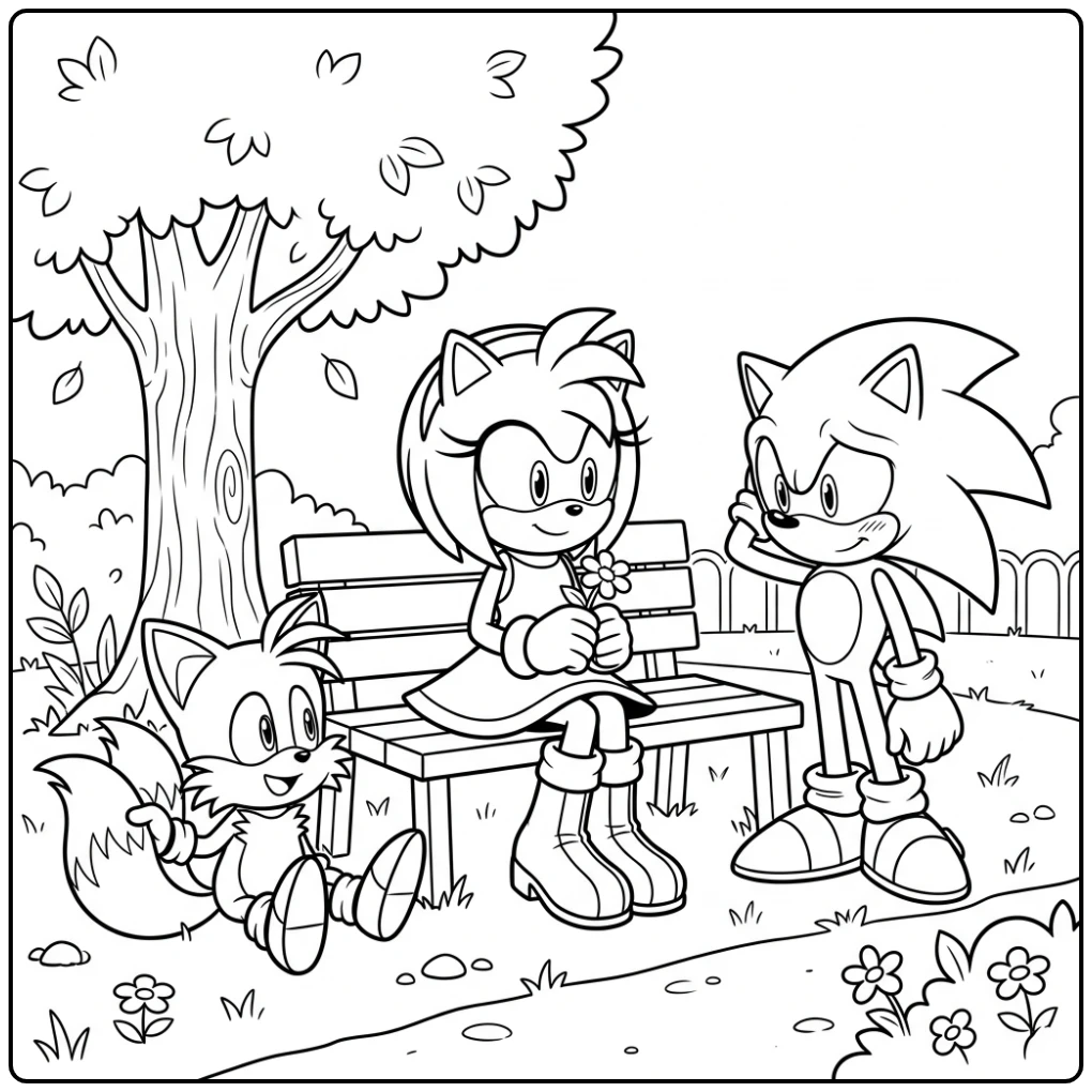Rustige amy sonic kleurplaat: Amy, Sonic & Tails in een park.