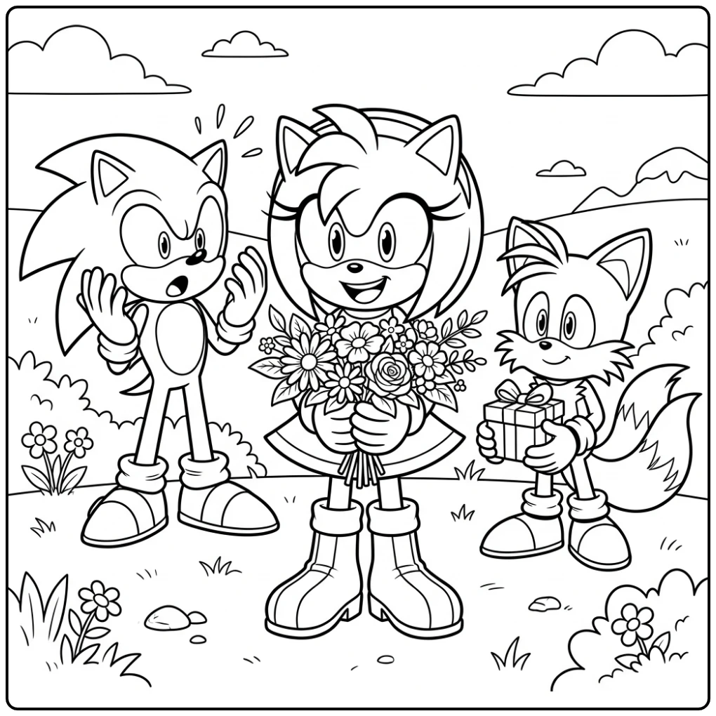 Amy Sonic kleurplaat: Amy met bloemen, Sonic verrast, Tails met cadeau.