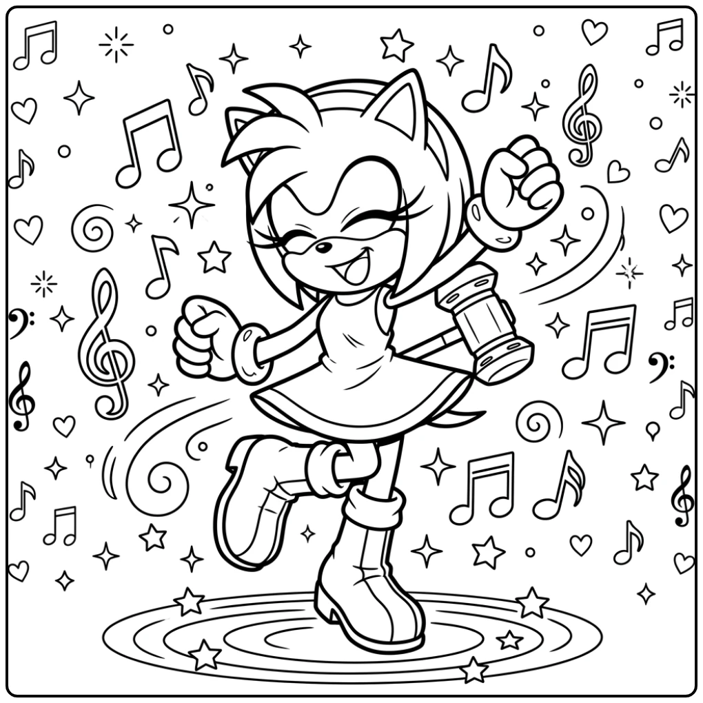 Blije Amy Rose dansend met muzieknoten, perfecte amy sonic kleurplaat