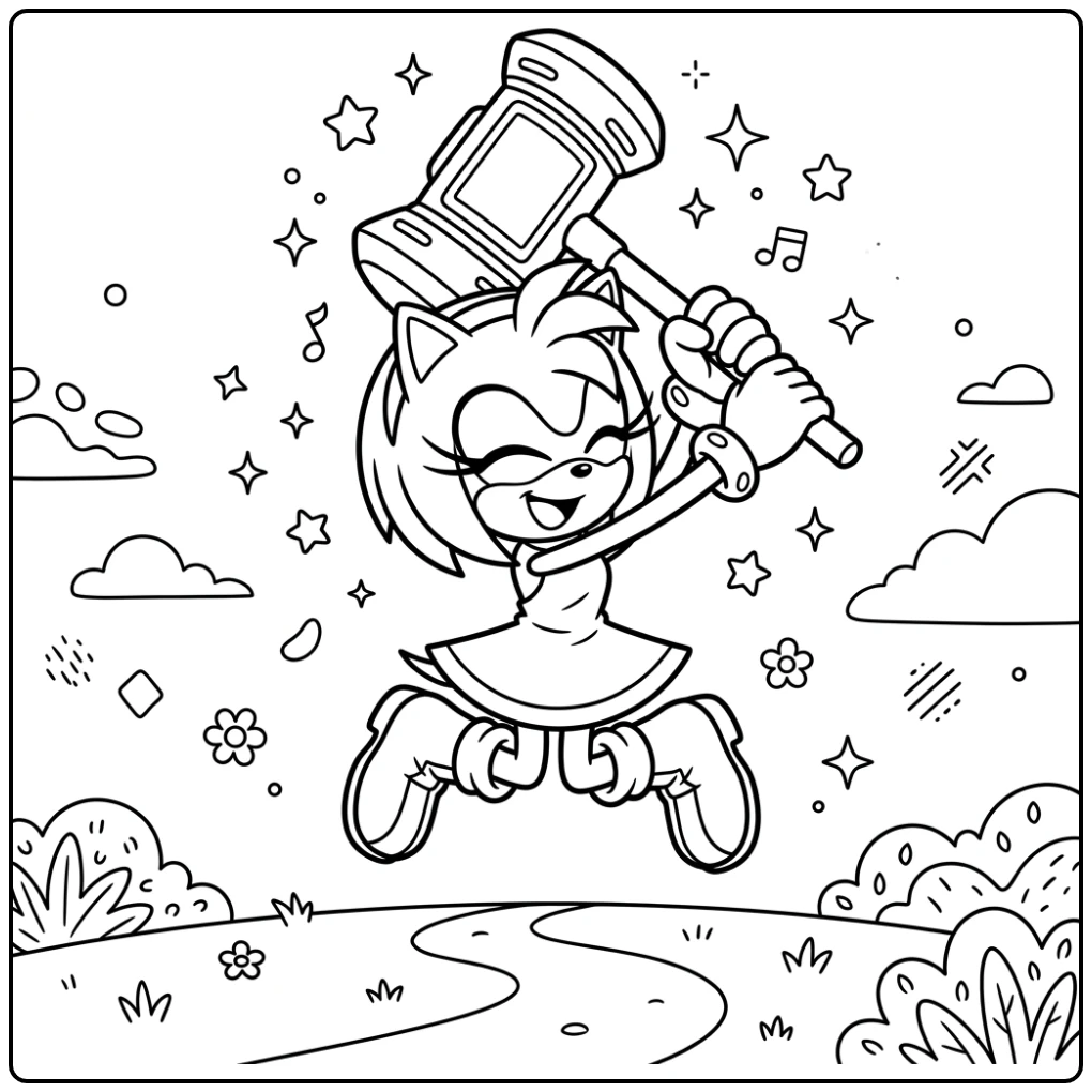Amy sonic kleurplaat: Amy Rose springt met hamer en fonkelende sterren.