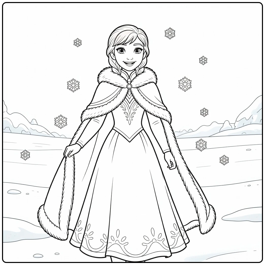 Prachtige anna kleurplaat in een winterse jurk met sneeuw.