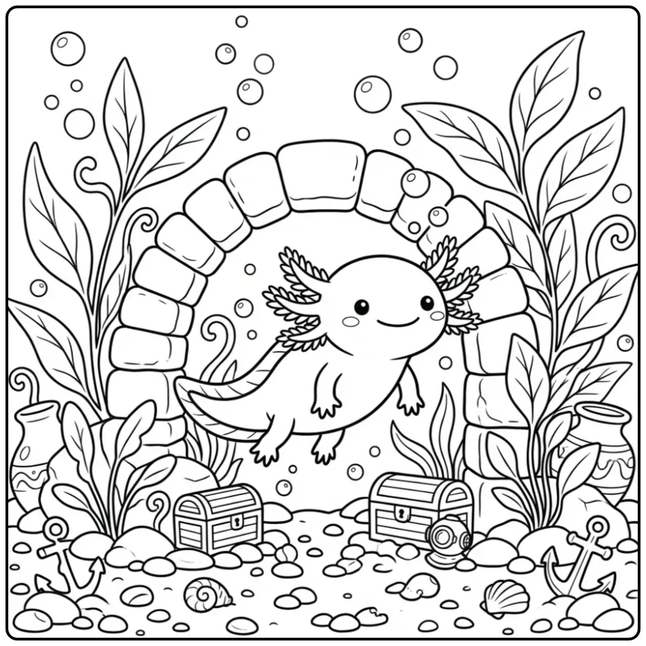 Een schattige axolotl kleurplaat met stenen en waterplanten.