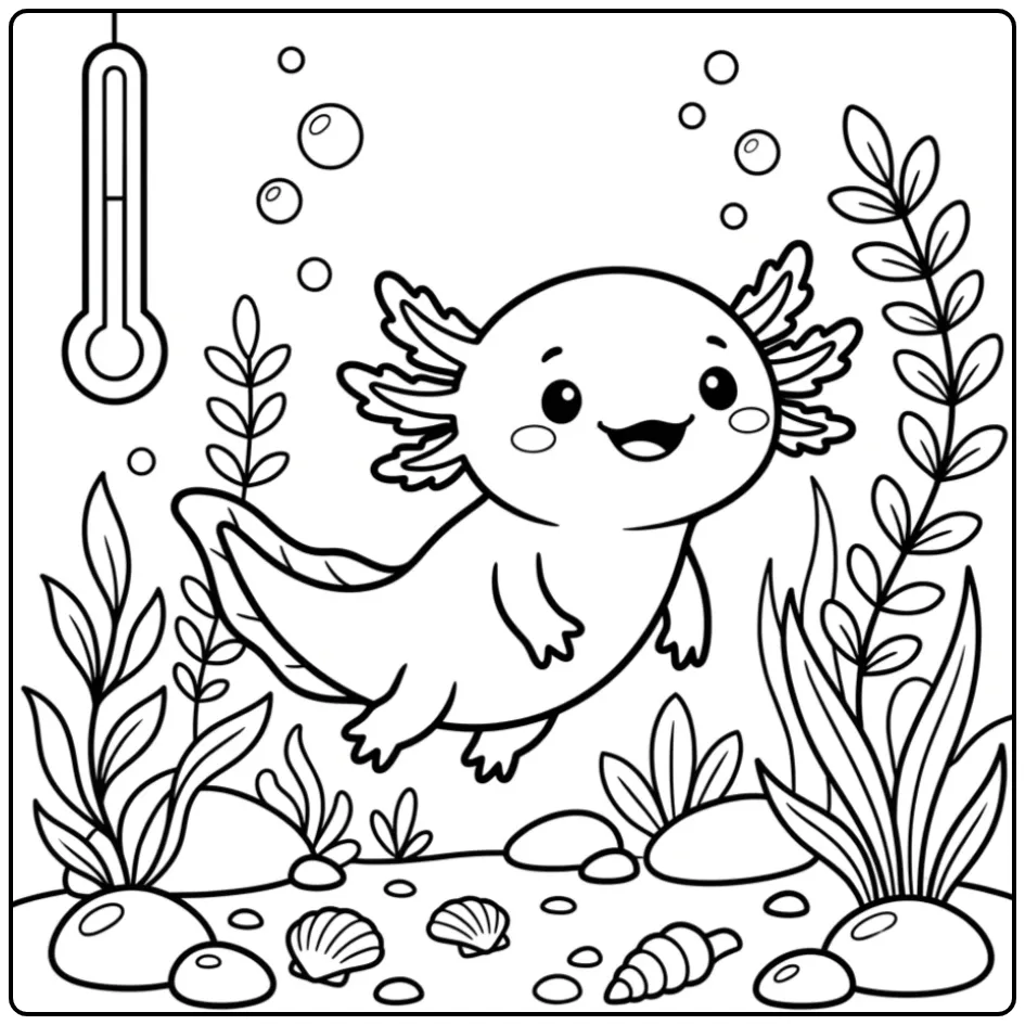 Schattige axolotl kleurplaat met thermometer en stenen.