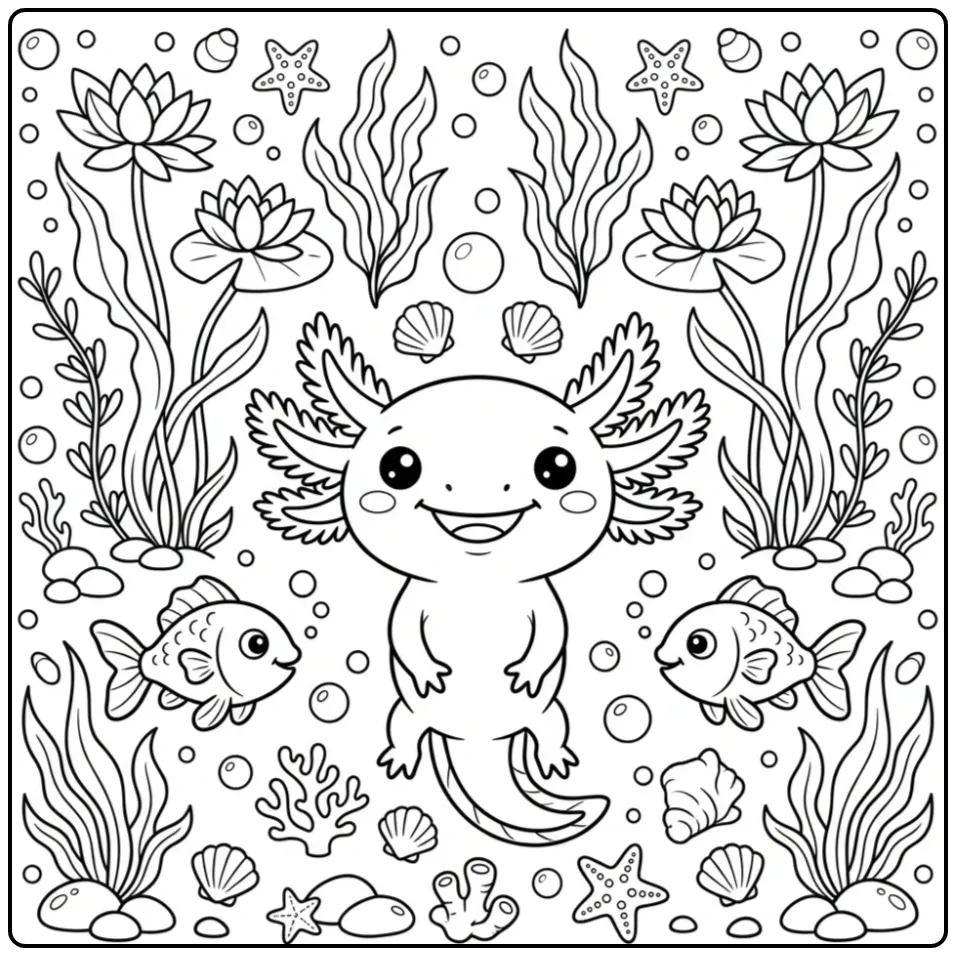 Een schattige axolotl kleurplaat met vissen en planten.