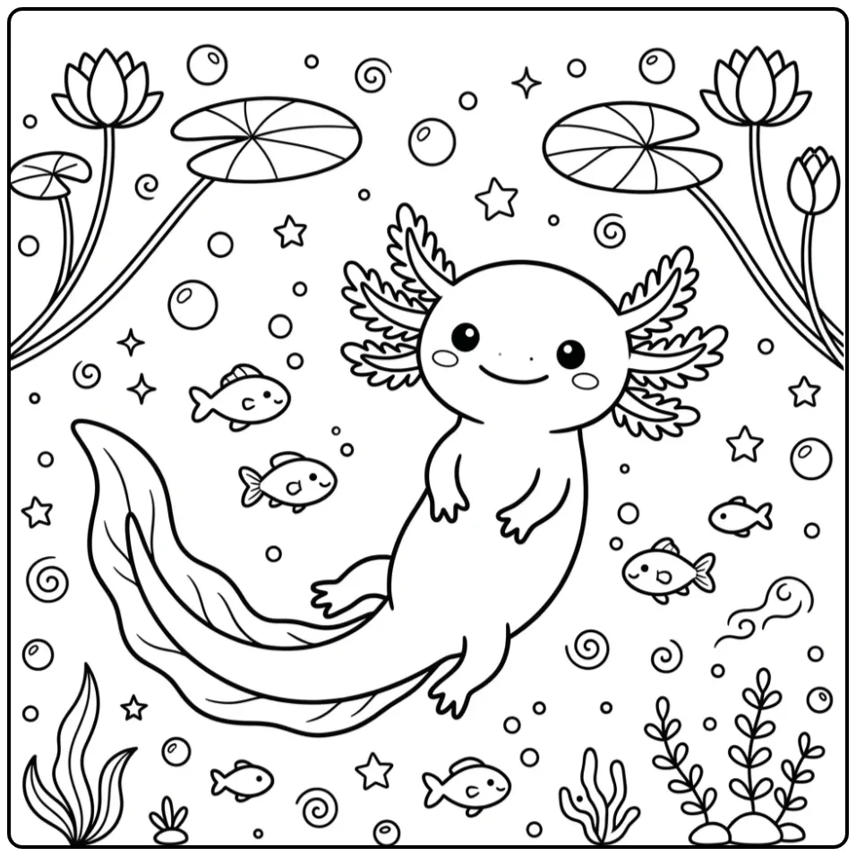 Schattige zwemmende axolotl kleurplaat met kleine visjes.