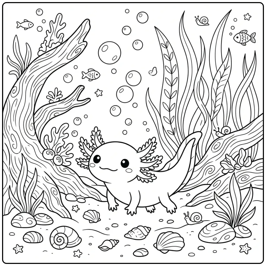 Schattige axolotl kleurplaat met waterplanten en bubbels.