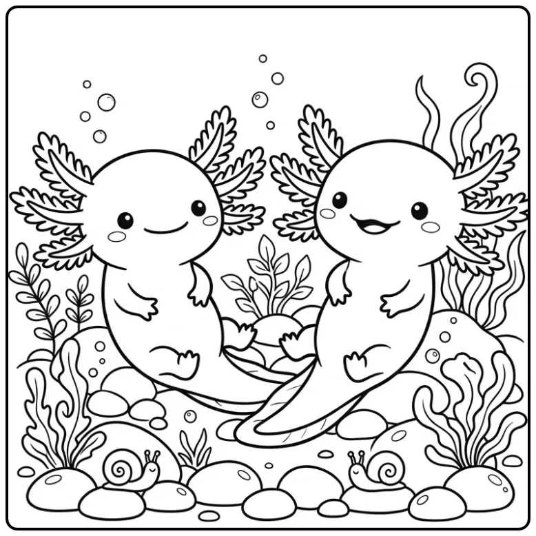 Schattige axolotl kleurplaat met twee vriendjes op kiezels.