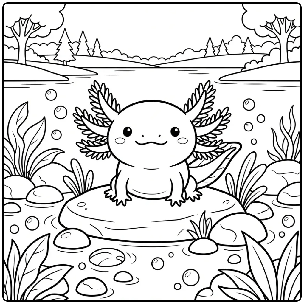Schattige axolotl kleurplaat cartoon met bubbels