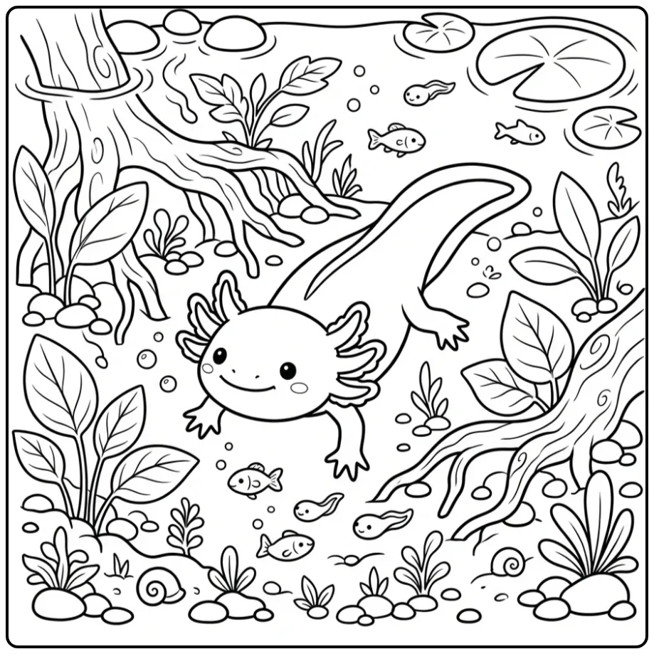 Schattige axolotl kleurplaat bij de vijverrand met wortels