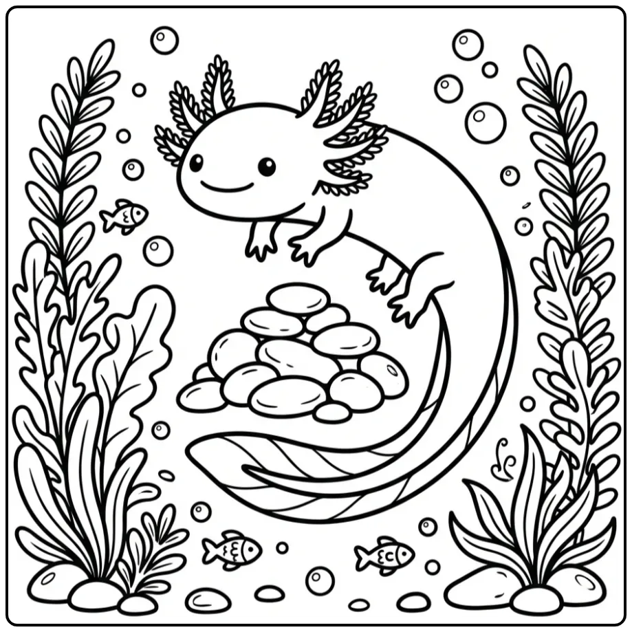 Schattige axolotl kleurplaat met stenen en waterplanten.