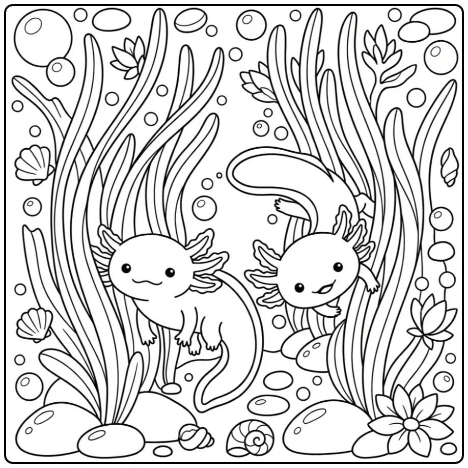 Leuke axolotl kleurplaat met twee diertjes tussen de planten.