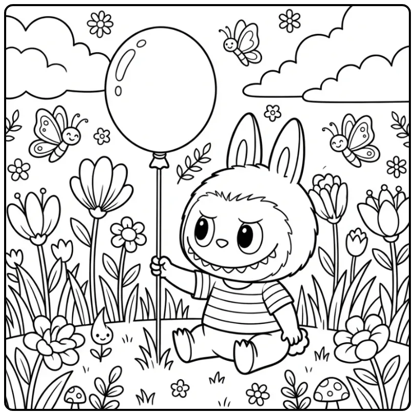 Schattige baby labubu kleurplaat met ballon en bloemen.
