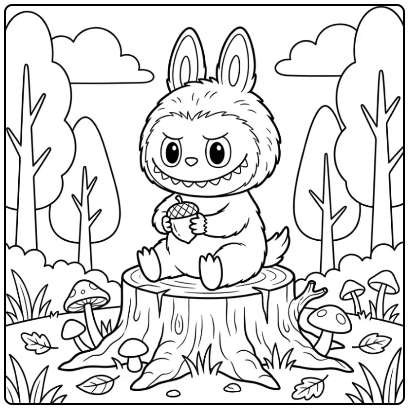 Schattige baby labubu kleurplaat met eikel op een stronk.