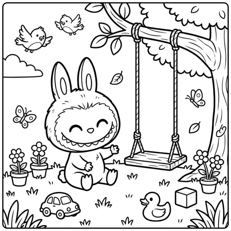 Schattige baby labubu kleurplaat bij een houten schommel.