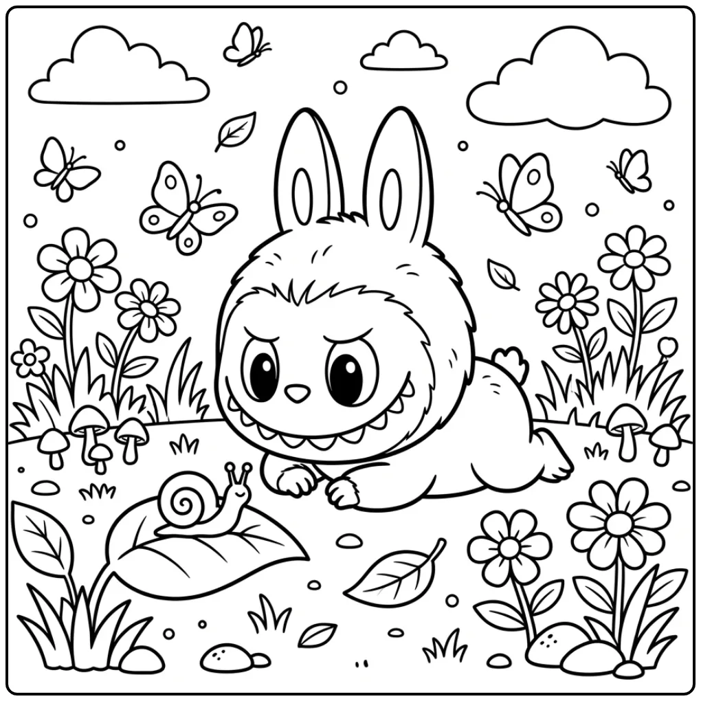 Schattige baby labubu kleurplaat met slak in de tuin