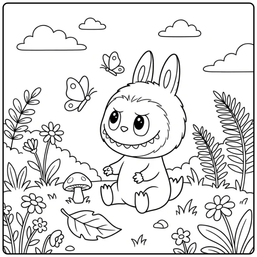Schattige baby labubu kleurplaat in het bos met vlinders.