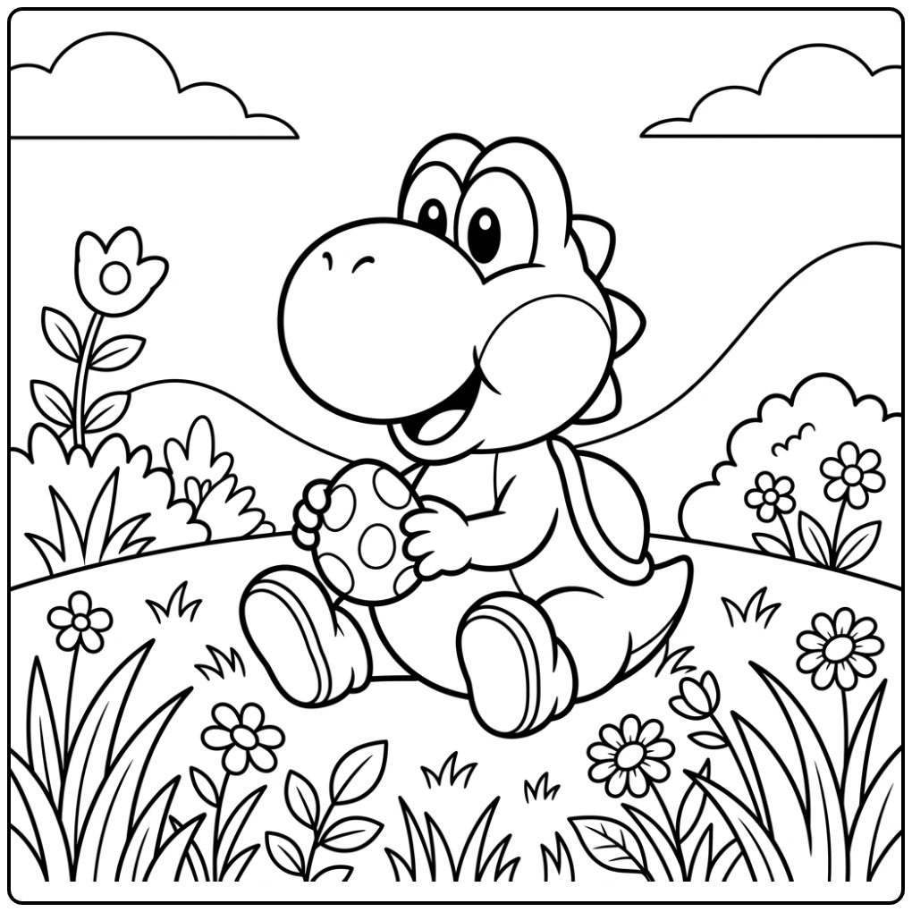 Lieve baby yoshi kleurplaat met Yoshi die speelt met een ei en bloemen.