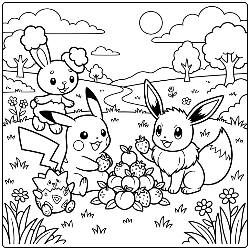 Schattige kleurplaat pokemon schattig: Pikachu, Eevee, Togepi met bessen