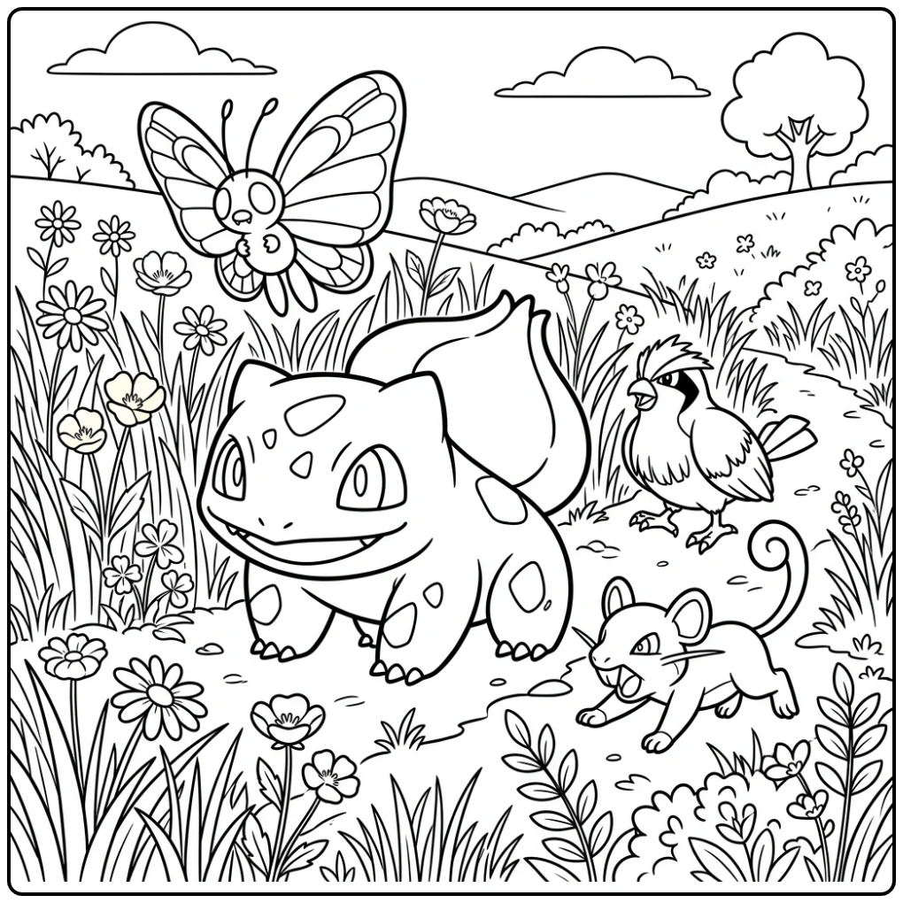 Avontuurlijke bulbasaur kleurplaat met Pokémon vriendjes.