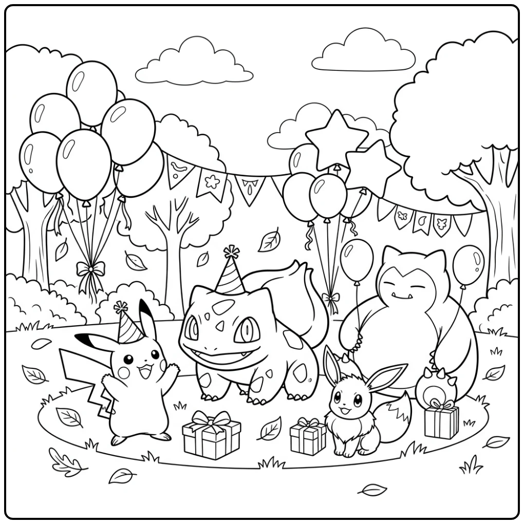 Feestelijke bulbasaur kleurplaat met Pikachu en Eevee.