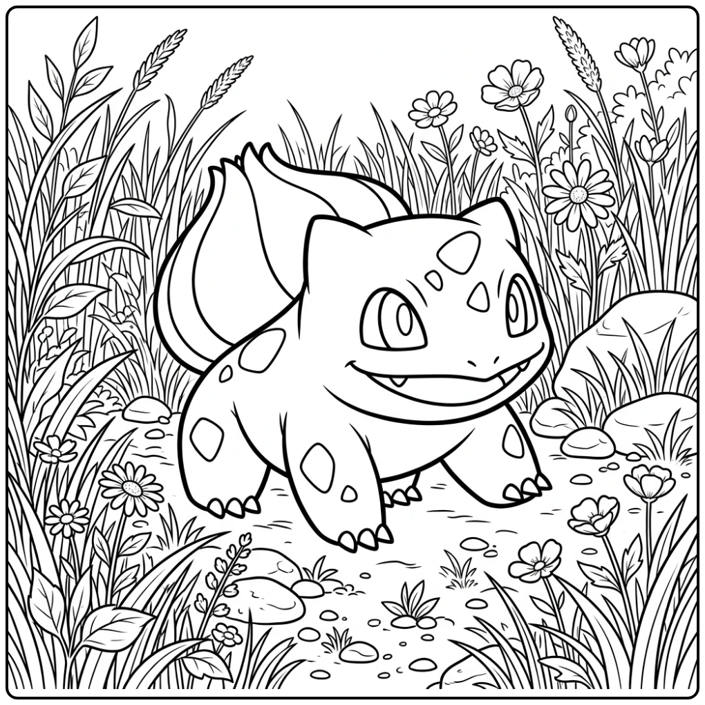 Speelse bulbasaur kleurplaat in het hoge gras met bloemen.