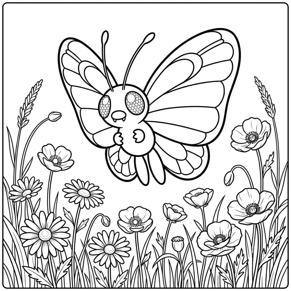 Prachtige Butterfree kleurplaat boven bloeiende bloemen.