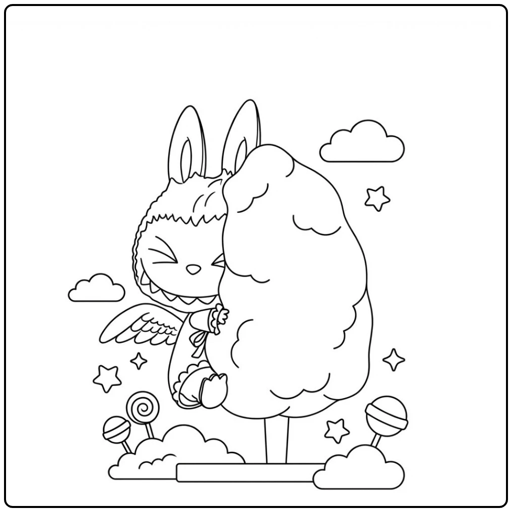Schattig konijn met vleugels en grote Candy Floss kleurplaat.