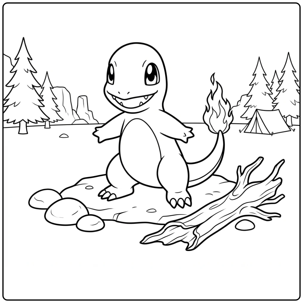 Charmander kleurplaat in een rotsachtig kamp.
