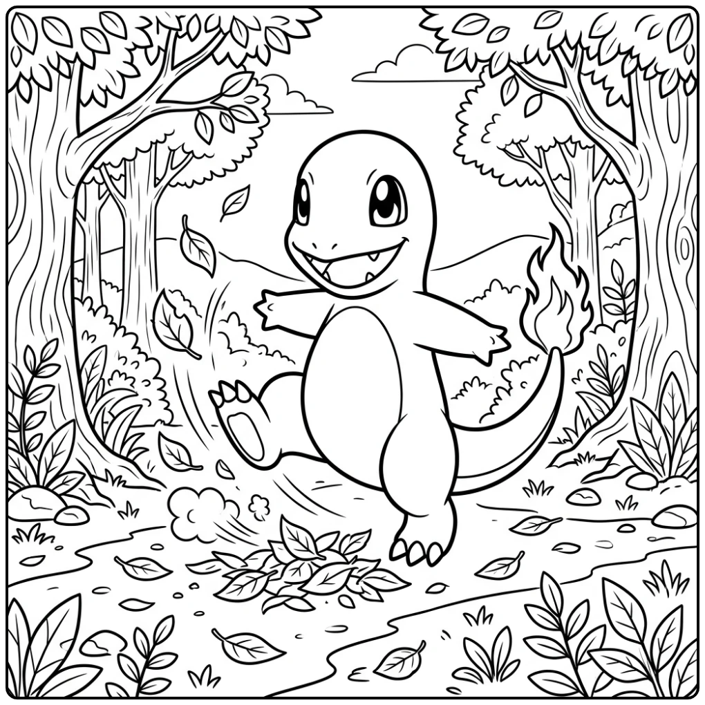 Levendige charmander kleurplaat spelend met bladeren.