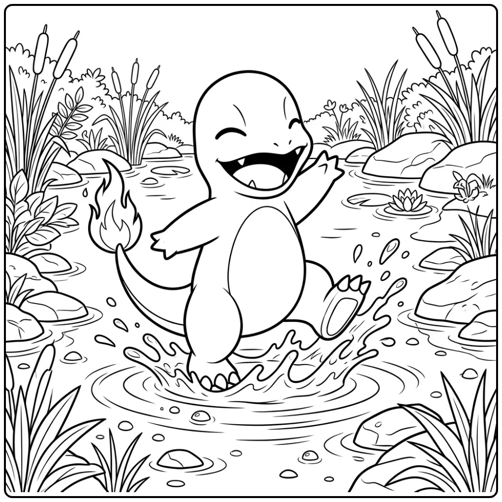 Blije charmander kleurplaat met spetterend water in de vijver