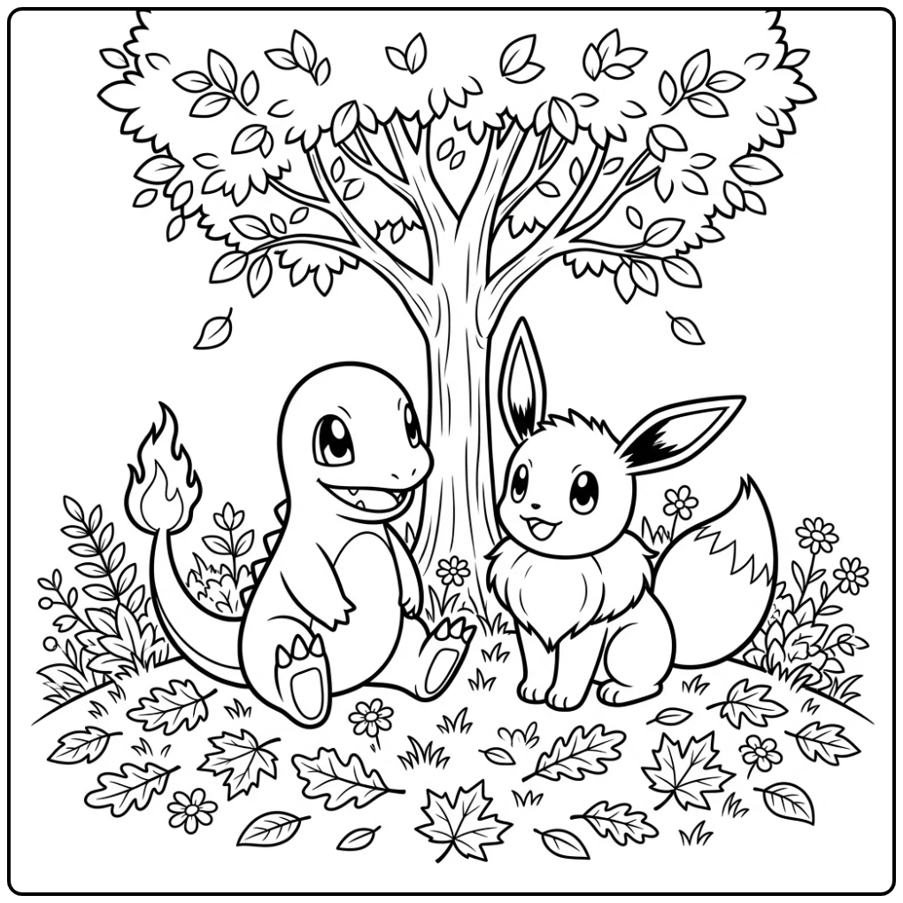 Schattige charmander kleurplaat met Eevee onder een boom.