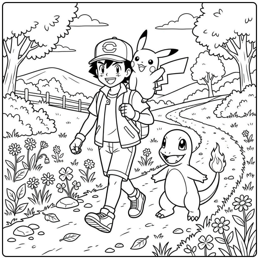Charmander kleurplaat met Ash en Pikachu op een wandelpad.