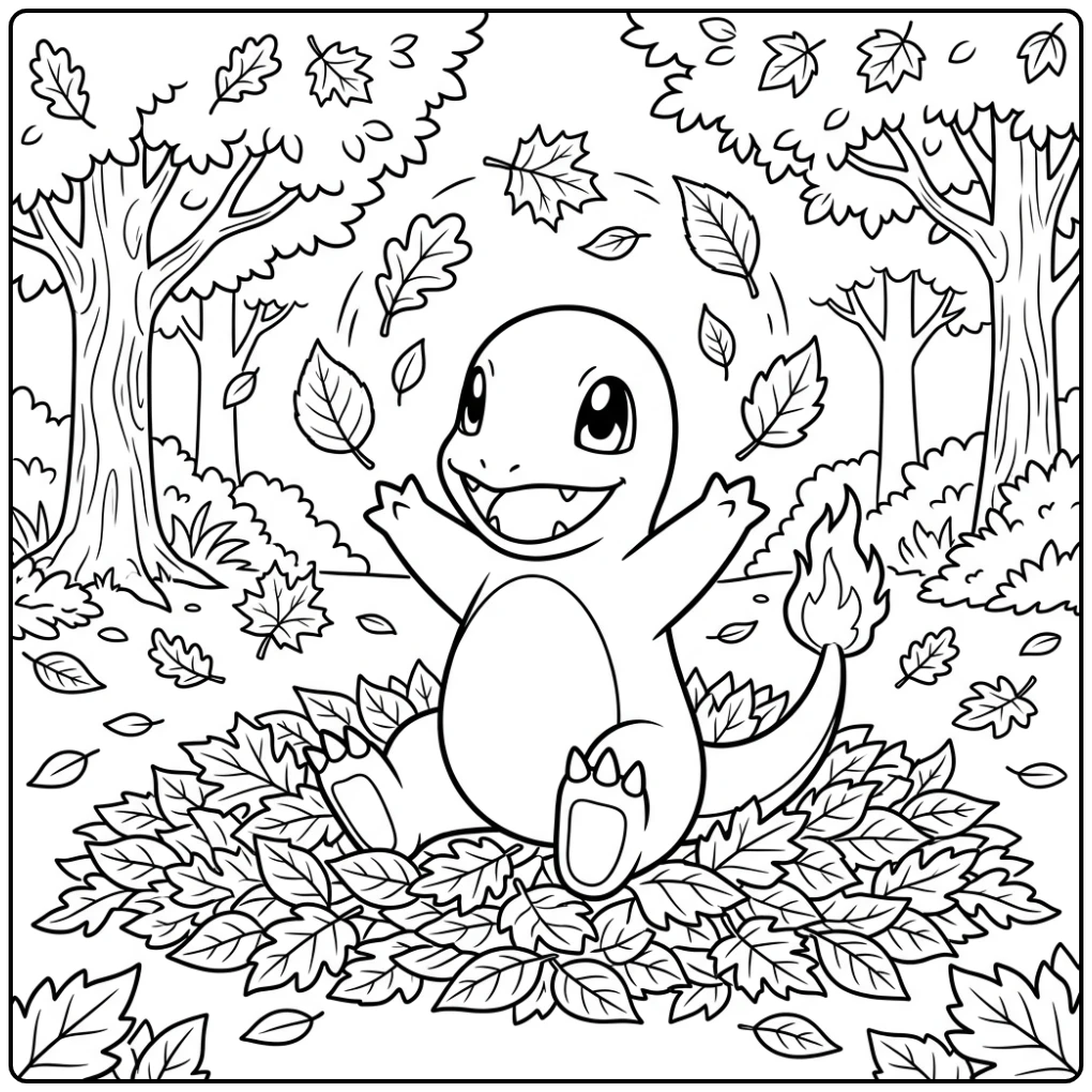 Leuke charmander kleurplaat spelend in de herfstbladeren.