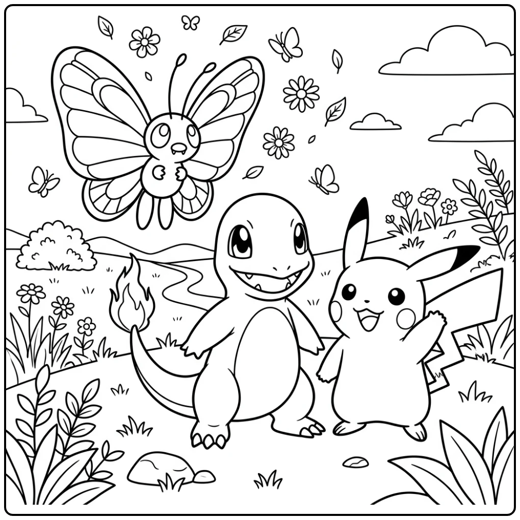 Leuke charmander kleurplaat met Pikachu en Butterfree.