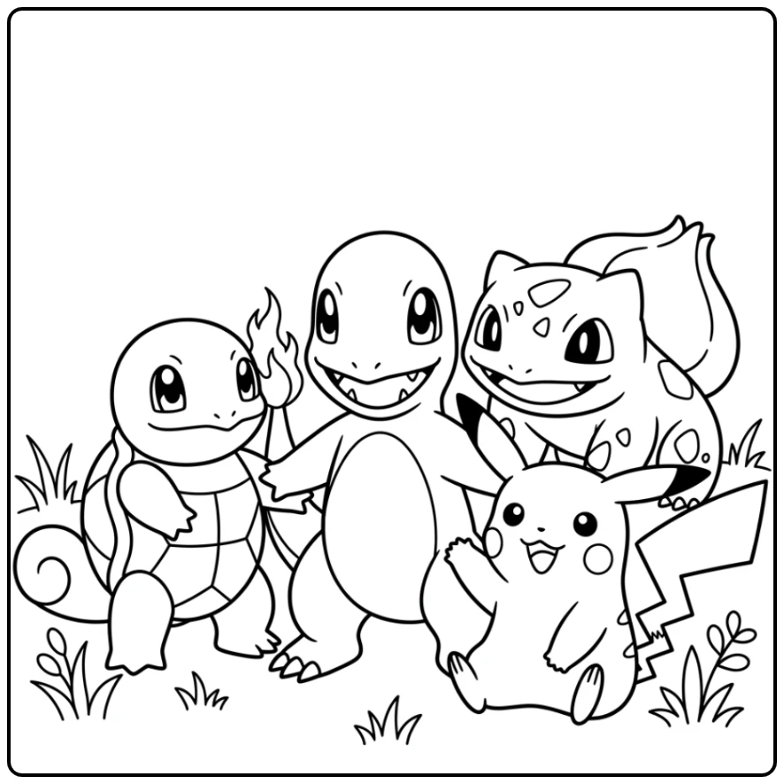Een charmander kleurplaat met Pikachu, Squirtle, Bulbasaur.