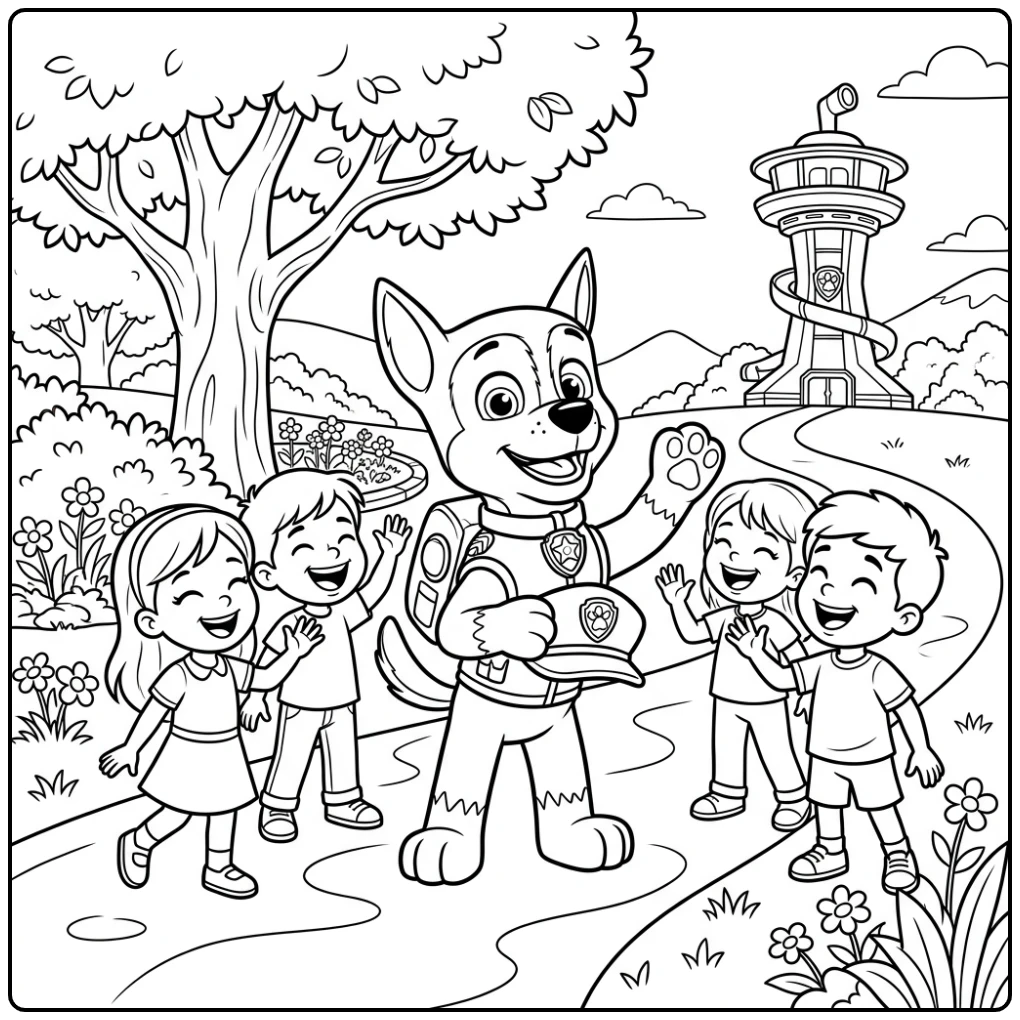 Chase begroet vrolijk kinderen in het park, kleurplaat paw patrol chase.