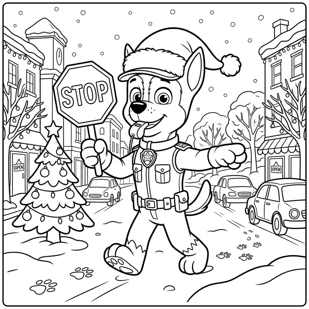 Chase met kerstmuts regelt verkeer in besneeuwde paw patrol kerst kleurplaat.